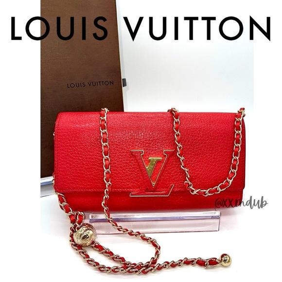 ♥️ Louis Vuitton Wallet Capucine Taurillon Leather Red Long with Box Chain Sarah - Picture 1 of 16